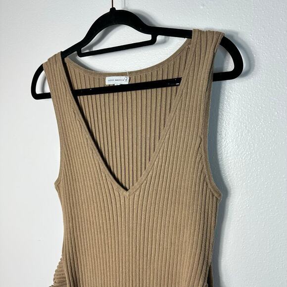 Good American Dress Belted Body Midi Ribbed Knit Stretch Taupe Tan Brown 3 L - Picture 9 of 10